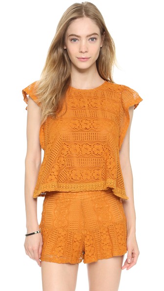 J.O.A. Ruffle Sleeve Lace Top in Mustard Yellow