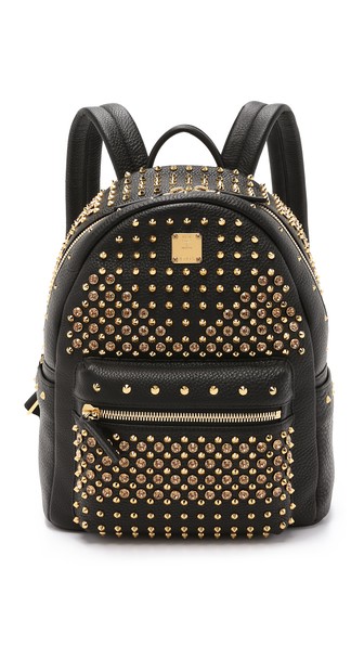 MCM Crystal Stud Small Stark Backpack in Black with Swarovski Crystals and Polished Gold Studs
