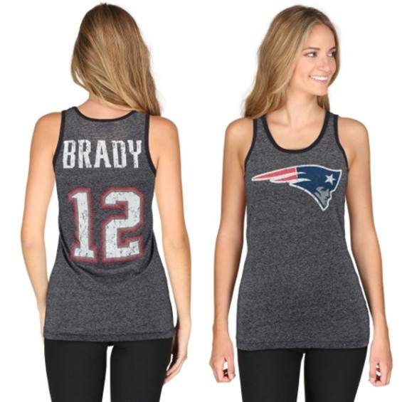 Majestic Threads Tom Brady New England Patriots Women's Navy Blue Primary Logo Name & Number 12 Tank Top