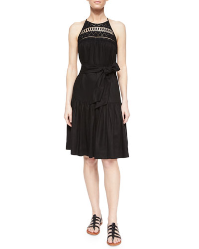 Milly Zoe Halter Linen-Blend Sundress in Black