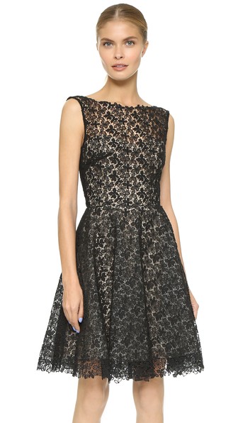 Monique Lhuillier Lace A Line Dress in NoirMonique Lhuillier Lace A Line Dress in Noir