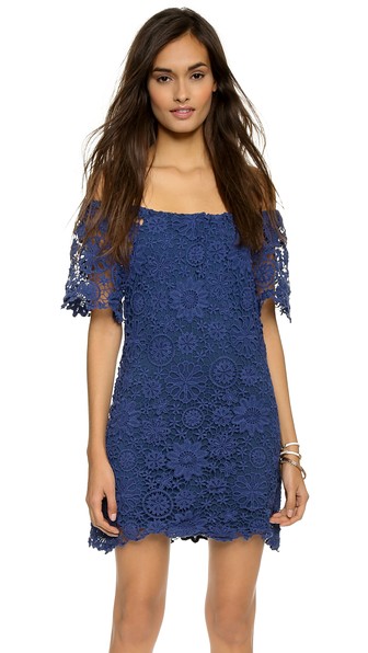 Nightcap Clothing Crochet Off Shoulder Dress in Saphire