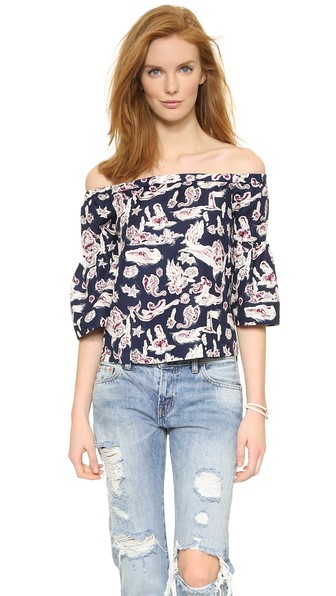 Piamita Camille Sea Creature Print Off Shoulder Top in Sirena Azul