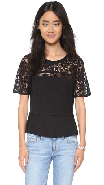 Rebecca Taylor Guipure Lace Ruffle Tee in Black