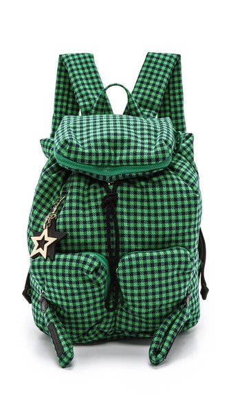 See by Chloe Joy Plaid Rider Backpack in Green Garden.