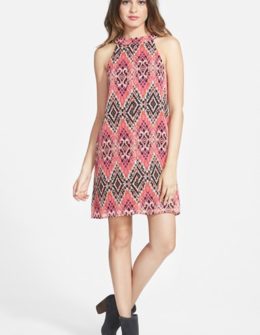 Socialite High Neck Print Shift Dress in Pink Multi