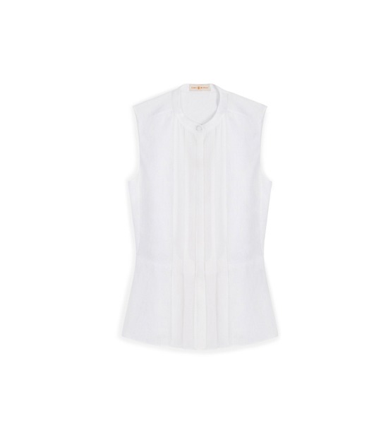 Tory Burch PLEAT-FRONT LINEN SHELL in White 