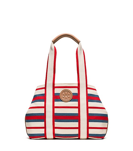 Tory Burch PRINTED CANVAS SMALL TOTE in Robinson Stripe Comet