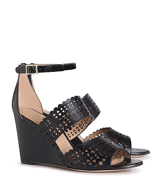 PERFORATED HEELED GLADIATOR WEDGE in Black