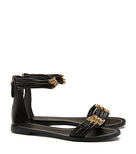 Tory Burch MIGNON RINGS FLAT SANDAL in Black/Black and Gold