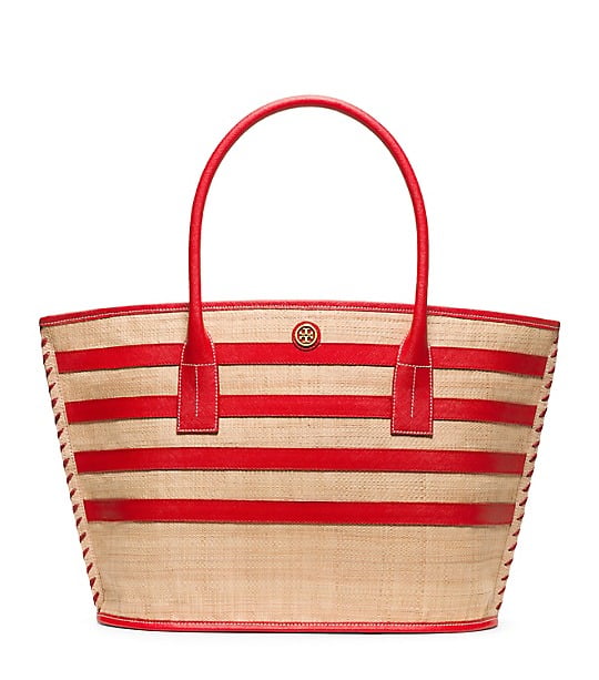 Tory Burch STRIPE STRAW LARGE TOTE in NATURAL/MASAAI RED