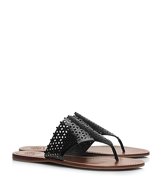 Tory Burch FLORAL PATENT PERFORATED FLAT THONG SANDAL in Black tory burch extra 30% off sale