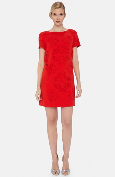 Tahari Lasercut Crepe Shift Dress in Tomato Red