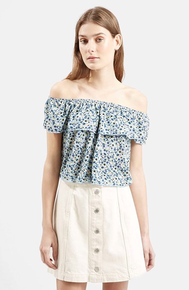 Topshop Floral Print Off the Shoulder Top in Blue Multi