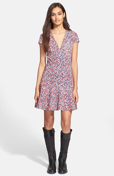 Tory Burch Cap Sleeve V-Neck Dress in Birch Calico