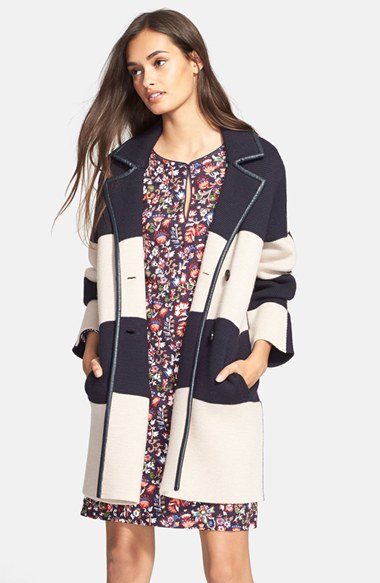 Tory Burch Colorblock Merino Wool Coat in Navy And Oatmeal Stripe