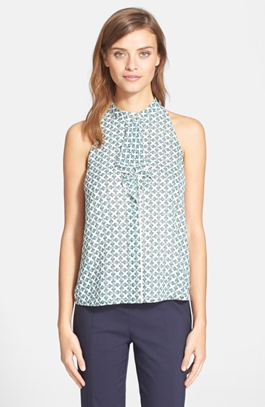 Tory Burch Ruffle Front Silk Top in English Green Chains