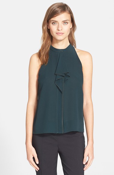 Tory Burch Ruffle Front Silk Top in English Green