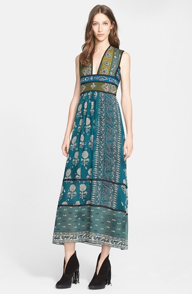 Burberry Prorsum Bohemian Geometric Print Silk Maxi Dress in Teal Blue