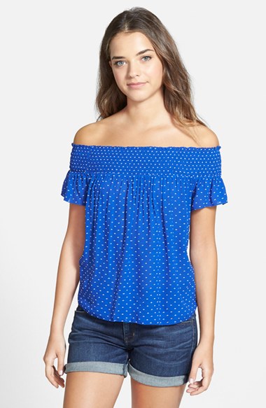 Hinge Smocked Print Off-the-Shoulder Top in Blue Mazarine Dot