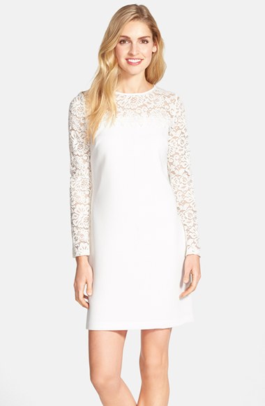 Laundry by Shelli Segal Lace & Texture Crepe Dress in Warm White