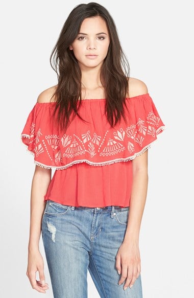 Lush Off the Shoulder Blouson Top in Tomato/Ecru
