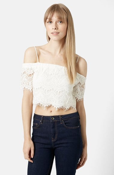 Topshop Off the Shoulder Lace Crop Top in White