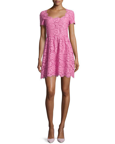 Valentino Lace Square-Neck Short-Sleeve Dress, Pink