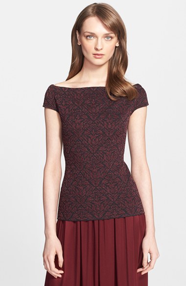 St. John Collection Sparkle Brocade Knit Off the Shoulder Top in Malbec/Caviar