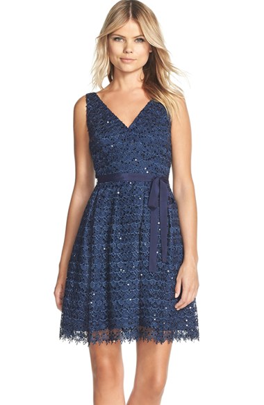 Adrianna Papell Sequin Lace Fit & Flare Dress in Navy