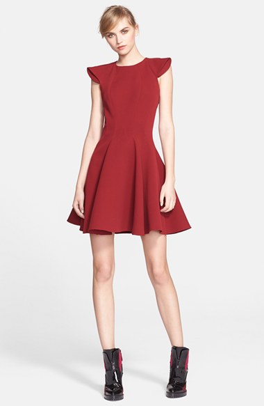 Alexander McQueen Cap Sleeve Fit & Flare Dress in Madder Red