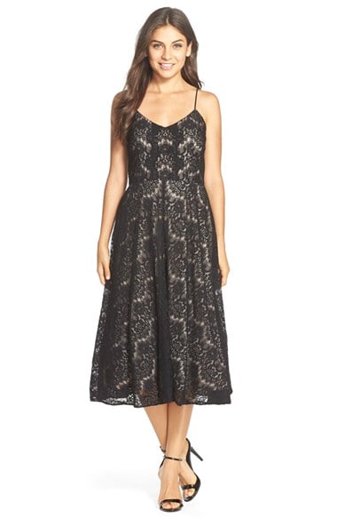 Betsy & Adam Lace Tea Length Dress in Black/Nude