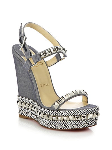 Christian Louboutin Cataclou Studded & Braid-Trimmed Denim Wedge Sandals in Blue-Silver