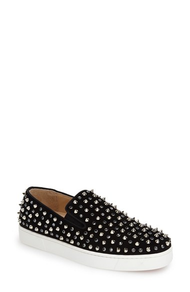 Christian Louboutin 'Roller' Studded Slip-On Sneaker (Women) in Black/Silver Suede