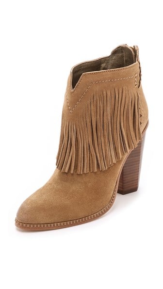 Cynthia Vincent Native Suede Fringe Booties in Tan
