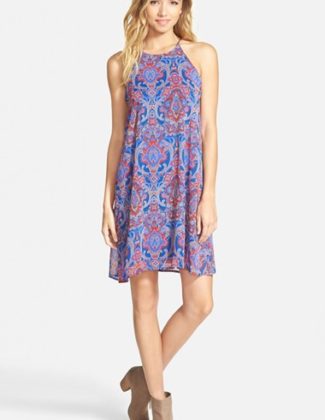 EVERLY Paisley Halter Swing Dress in Royal and Coral