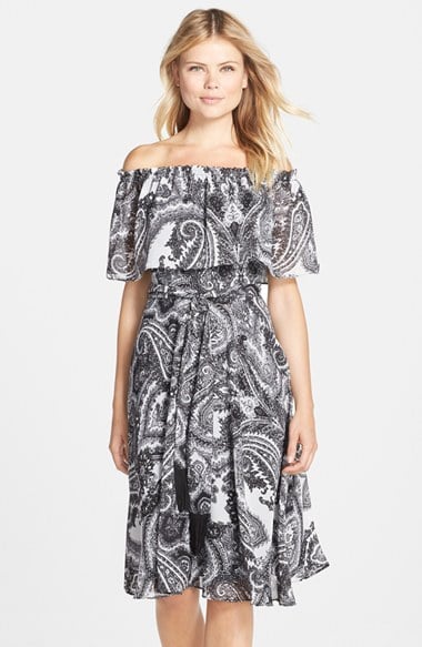 KUT from the Kloth Paisley Print Off the Shoulder Midi Dress in Black and White