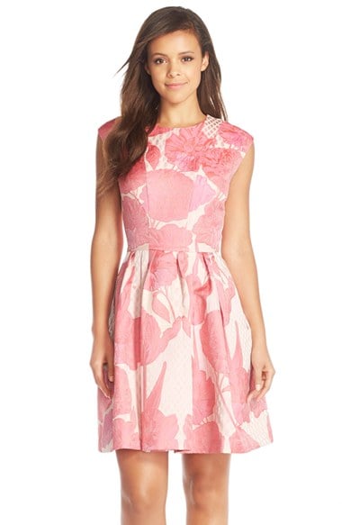 Kaya & Sloane Foral Jacquard Fit & Flare Dress in Pink