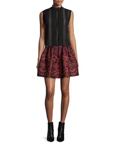 Alice + Olivia Stora Pleated Tribal-Print Skirt in Red/Orange