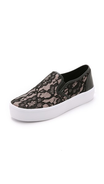 Rebecca Minkoff Lace Sloane Slip On Sneakers in Nude/Black