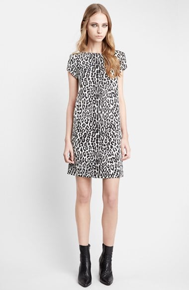 Saint Laurent Leopard Print Shift Dress in Off White and Black