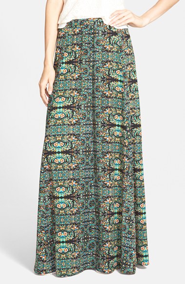 Sun & Shadow Print Woven Maxi Skirt (Juniors) in Black Royal Ethnic Print