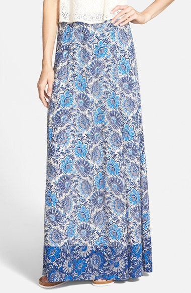 Sun & Shadow Print Woven Maxi Skirt (Juniors) in Teal Border