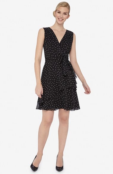 Tahari Dot Chiffon Faux Wrap Dress in Black and White