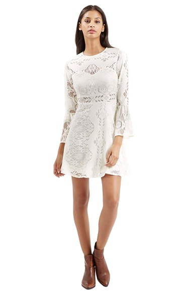 Topshop Fluted Sleeve Lace Dress in Cream