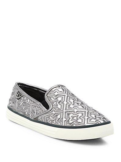 Tory Burch Jesse Quilted Metallic Leather Sneakers in Pewter