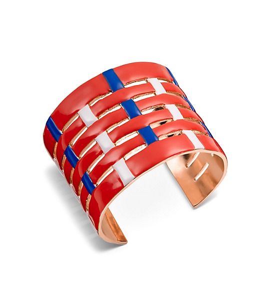 Tory Burch MULTI-COLOR WOVEN CUFF in Poppy Red Multi/Rose Gold