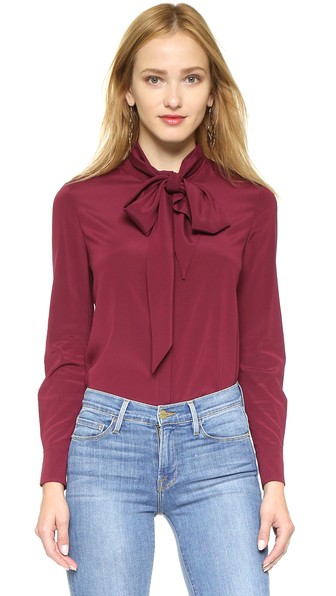Tory Burch Stretch Silk Tie Shirt in Red Agate burgundy tops