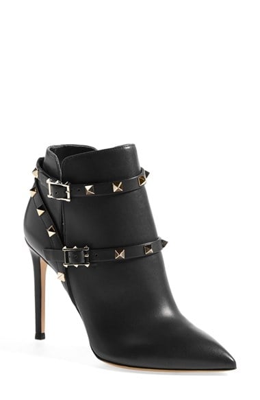Valentino 'Rockstud' Pointy Toe Calfskin Leather Bootie (Women) in Black