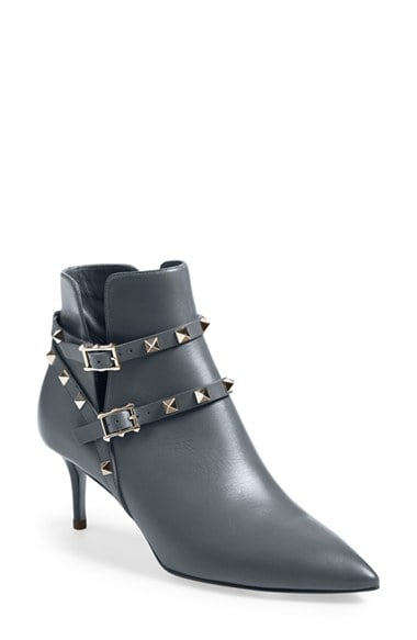 Valentino 'Rockstud' Pointy Toe Calfskin Leather Bootie (Women) in Grey/Blue